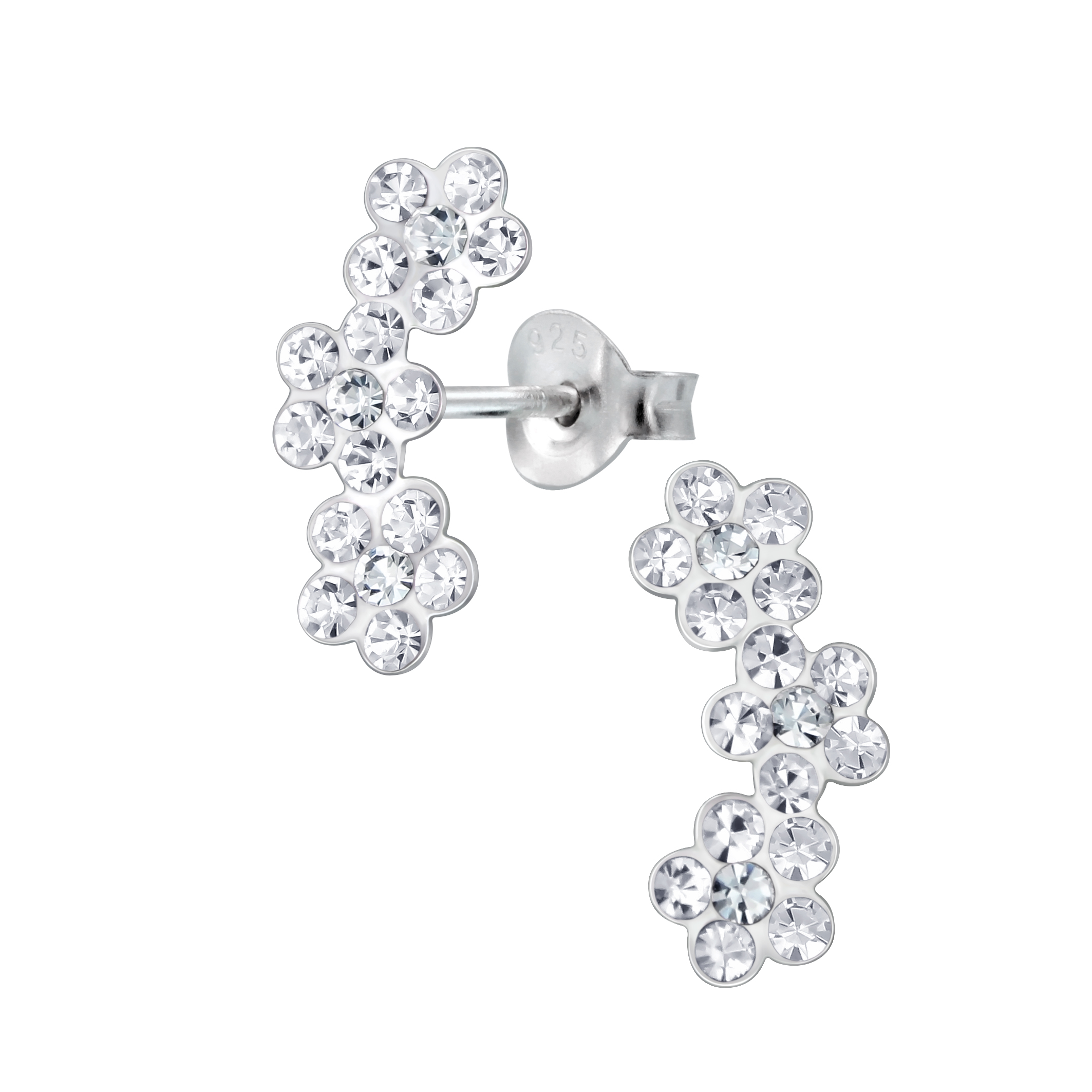 Silver Triple Crystal Flower Stud Earrings 925 Silver Jewelry